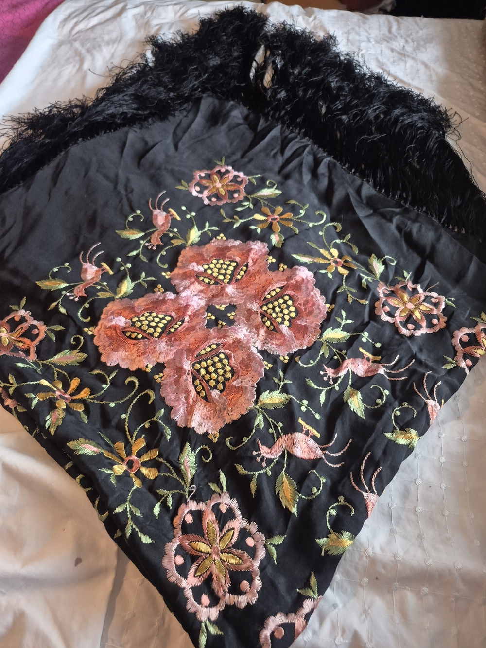 Large Black Floral Embroidered Fringe Silk Piano Shawl 4x4 - Picture 5 of 15